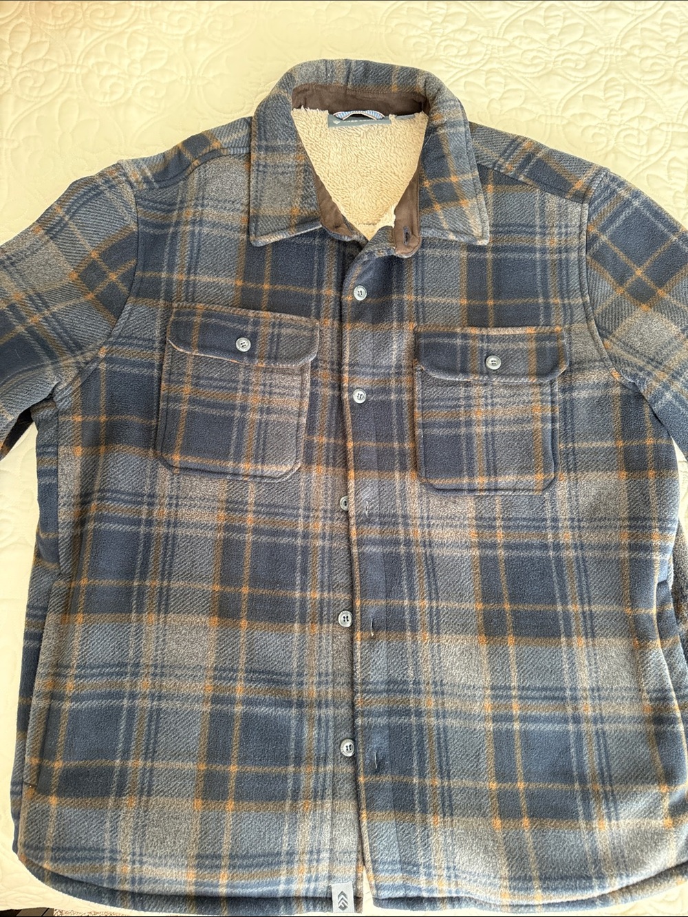 Free Country Plaid Sherpa-Lined Shirt Jacket in Blue and Brown